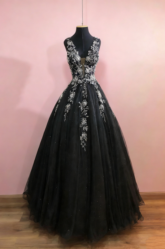 Schwarzes, perlenbesetztes Tüllkleid mit tiefem V-Ausschnitt und Spaghettiträgern – Glitzerndes Ballkleid für Abendveranstaltungen/Bälle/rote Teppiche (Maxikleid) NV6802