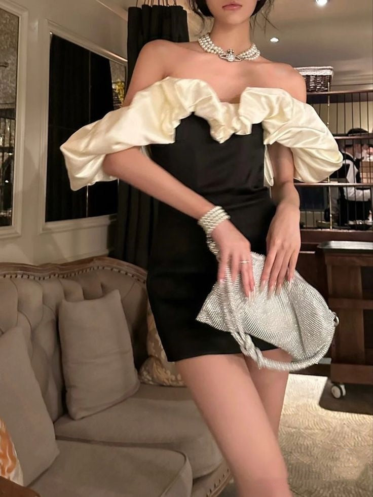 Robe de soirée courte noire à volants nv2862