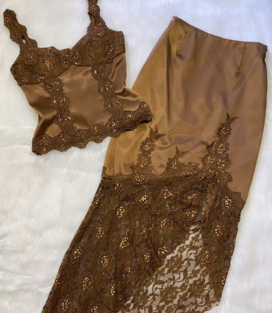 Robe de soirée vintage exquise en satin et dentelle marron, deux pièces, robe de bal, robe de soirée, nv5346
