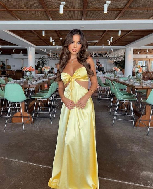 Yellow Elegant Off Shoulder Strapless A-Line Long Satin Formal Prom Dress Evening Gown Wedding Guest Dress nv2779