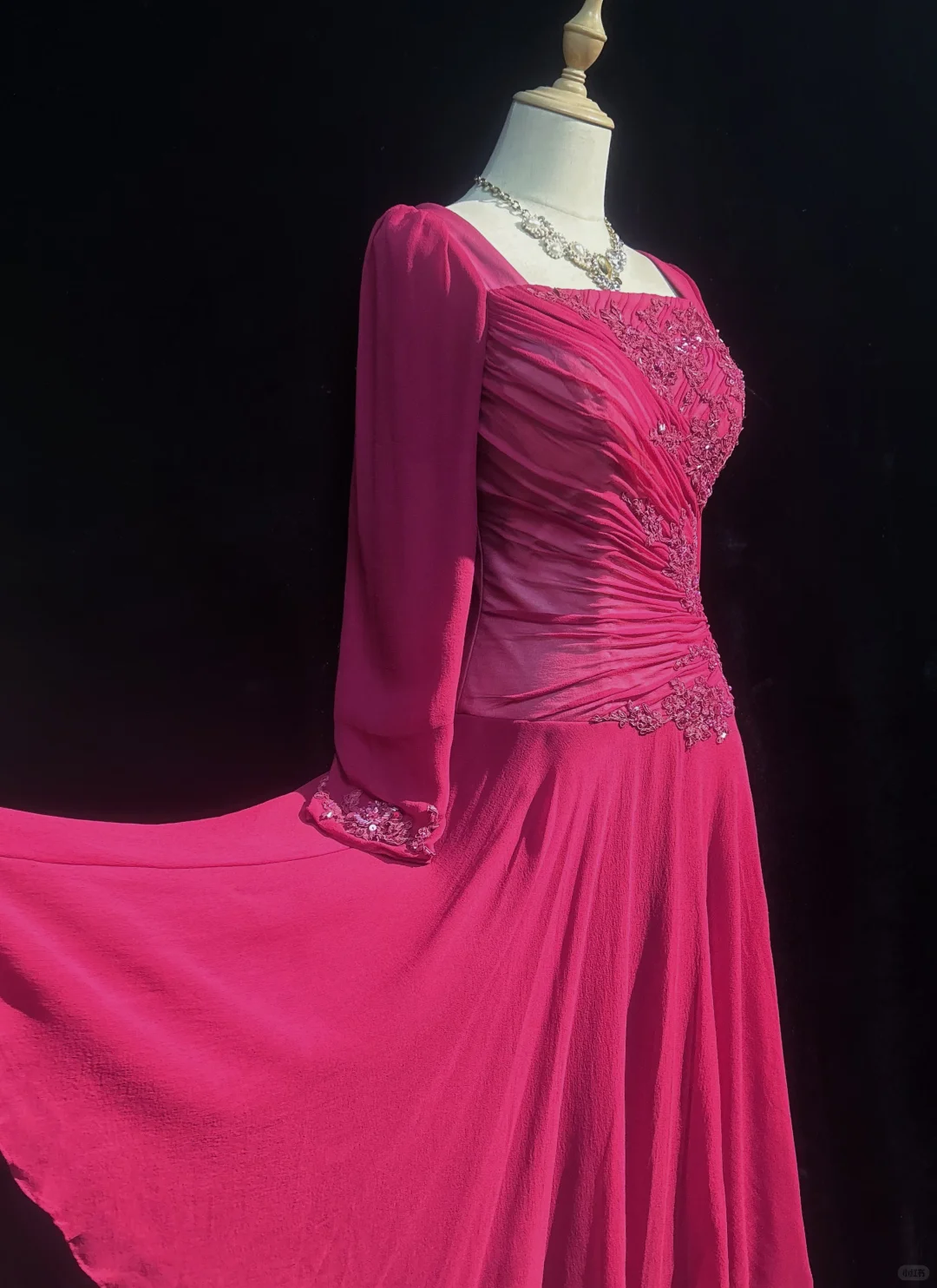 Square Neck Magenta Vintage Midi Prom Dress Long Sleeve Chiffon Lace Floral Appliques Beaded Formal Gown  NV6902
