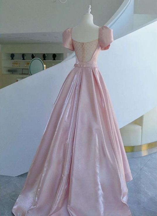 Pink Satin Long Bow Short Sleeves Ball Gown Evening Dress Wedding Party Dress nv2738