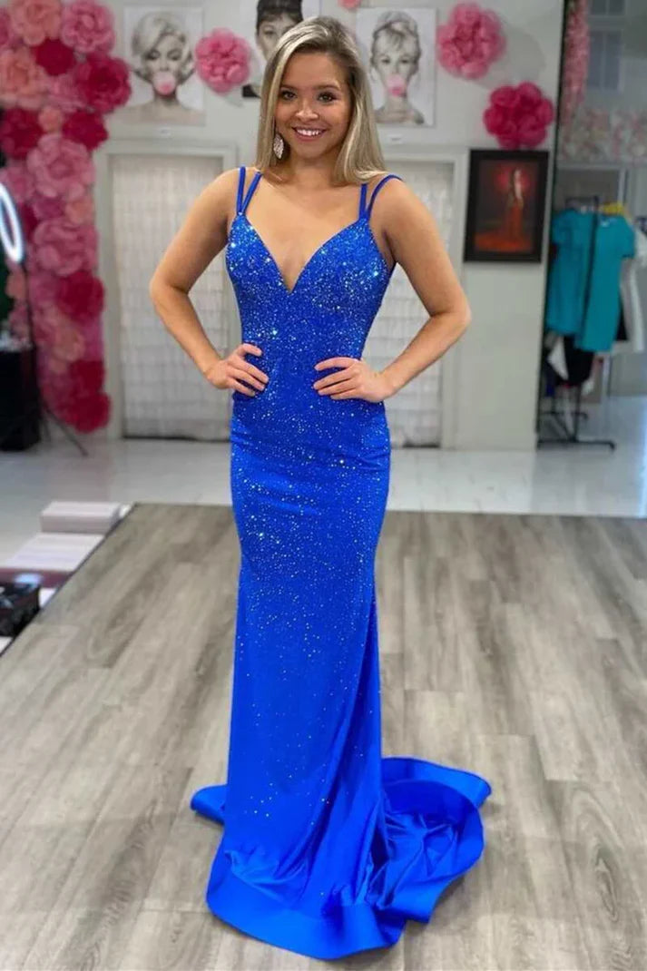Robe de soirée longue argentée scintillante à bretelles spaghetti, style sirène, coupe ajustée, dos nu, jaune, robe de bal, robe de soirée formelle, nv3431