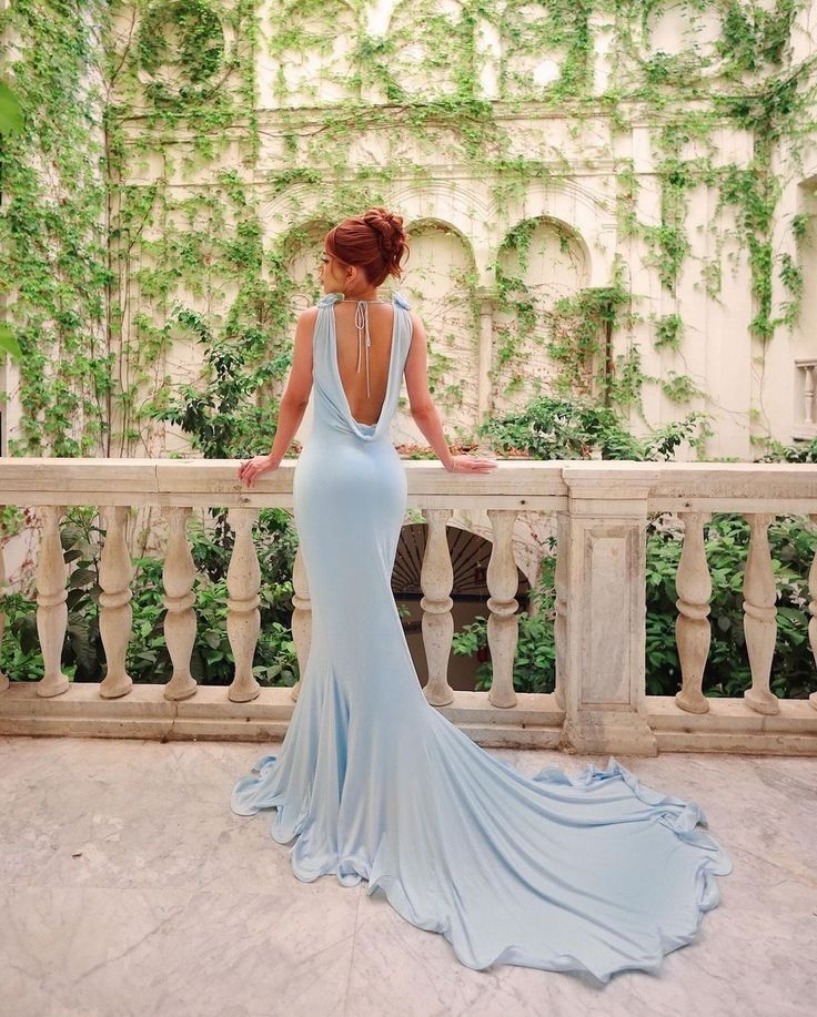 Light blue simple and elegant flowing V-neck low-cut long ribbons galore dress to impress ball dress evening dress Wedding dresses for guests party dress nv2576