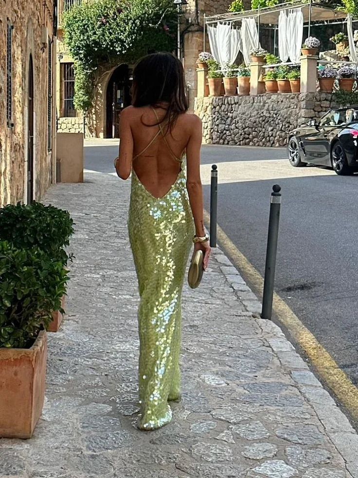 Lime Green Spaghetti Strap Sequined Backless Sexy Elegant Maxi Dress Long Evening Dress Party Dress nv2692