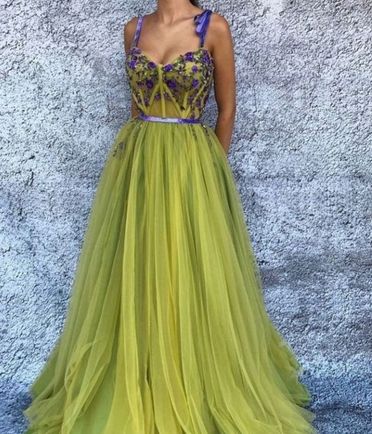 Gelb glänzende zarte Perlen Spaghettiträger elegantes langes Tüll Ballkleid Abendkleid Partykleid nv3536