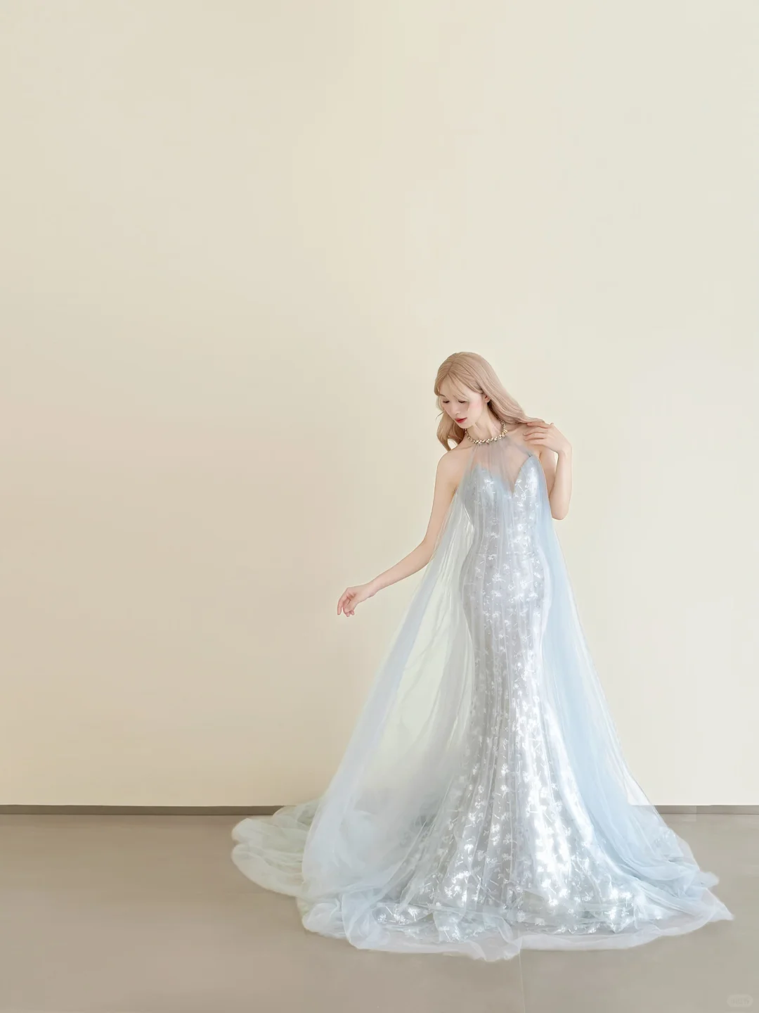Light Ice Blue Halter Mermaid Prom Gown Sequin Embroidery Detachable Tulle Cape  NV7173