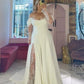Cream Satin Off-the-Shoulder Lace Sleeve Slit Floor-Length Elegant Wedding Dress NV6232