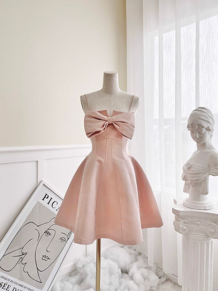 Rosa/Weißes, kurzes, modisches Homecoming-Kleid mit Spaghettiträgern und Schleife, Partykleid nv3009