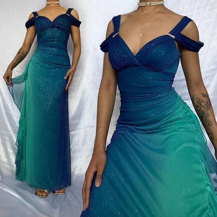 Robe de soirée élégante en mousseline de soie, longue, brillante, dégradé de mode, bretelles spaghetti, élégante, robe de bal, robe de soirée, nv3682