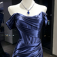 Navy Blue Off Shoulder Satin Mermaid Dress Ruched Corset High Slit Long Train Formal Prom Gown  NV6940