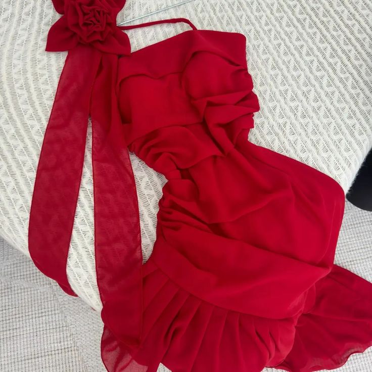 Robe de soirée longue en mousseline de soie à volants, élégante et florale, style bal de promo, rouge, nv3550