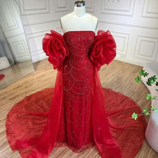 Red gorgeous exquisite beaded long tulle floor-length elegant ball gown evening dress nv3392