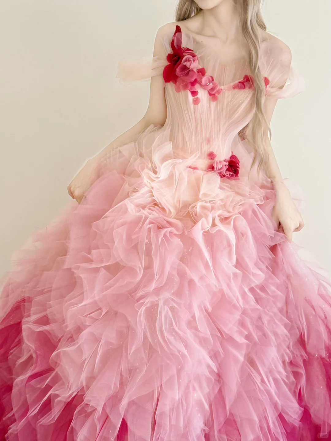 Ombre Fuchsia Strapless Tulle Ball Gown 3D Floral Prom Dress  NV7178