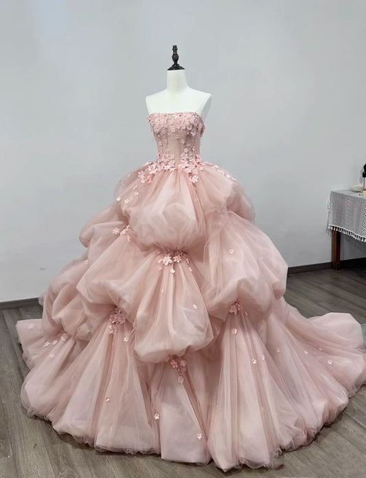 Rosa Elegante Süße Fee Exquisite Floral Applique Lange Layered Tüll Ballkleid Abendkleid Brautkleid nv3819