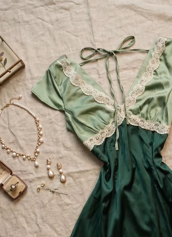 Two Tone Green Satin Short Homecoming Dress V Neck Flutter Sleeve White Lace Trim Vintage A-Line Cocktail Gown  NV6910