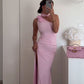 Pink one-shoulder three-dimensional rose decoration slim long slit ball gown evening dress nv2964