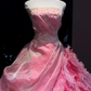 Hot Pink Ombre Strapless Ball Gown Beaded Lace 3D Rose Ruffle Tulle Prom Dress  NV6951