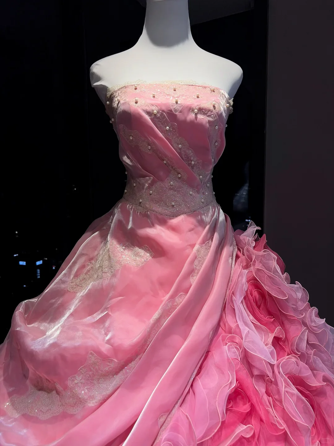 Hot Pink Ombre Strapless Ball Gown Beaded Lace 3D Rose Ruffle Tulle Prom Dress  NV6951