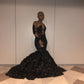 Black sexy elegant mermaid see-through long tail long sleeve ruffled ball gown evening dress nv3227