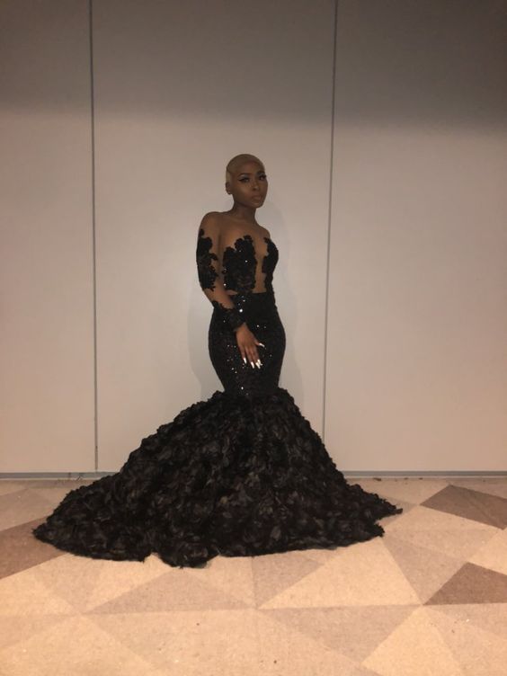 Black sexy elegant mermaid see-through long tail long sleeve ruffled ball gown evening dress nv3227