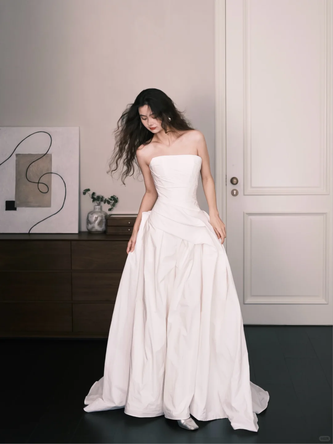Strapless Ruched White Bridal Jumpsuit with Pockets & Train  NV7365