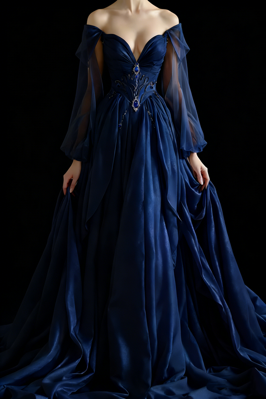 Marineblaues, schulterfreies Abendkleid im Palaststil: Mit Edelsteinbesatz, transparenten Ärmeln, luxuriöses Maxikleid NV6421