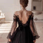 Black romantic ankle-length long sleeve tulle A-line applique long evening gown ball gown party dress nv2567