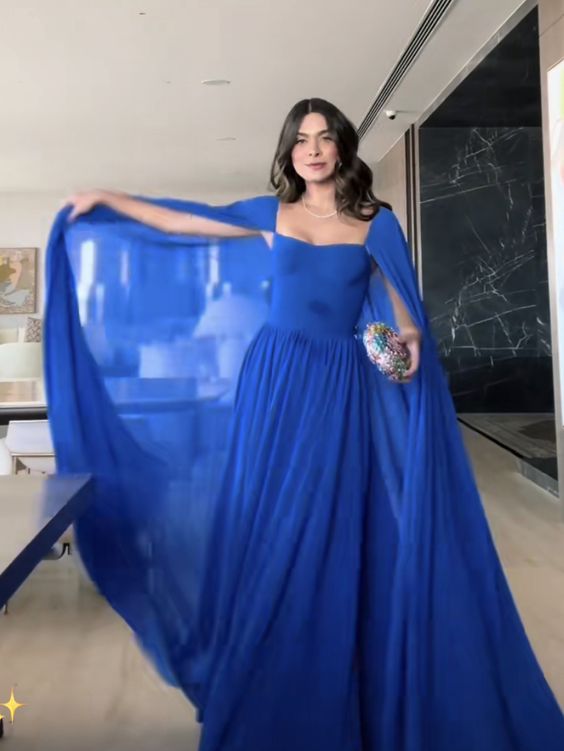 Blue simple elegant long sleeve chiffon long ball gown evening dress party dress nv2612