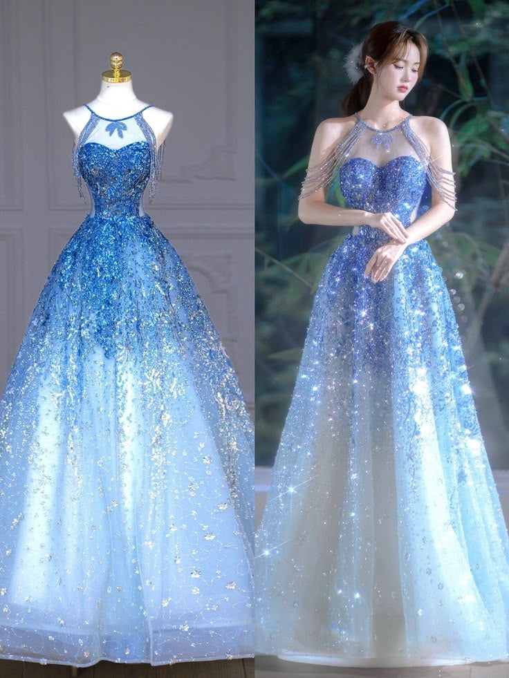 Blaues luxuriöses, mit Perlen besetztes, funkelndes, wunderschönes Brautkleid, mit Perlen und Pailletten besetztes, bodenlanges Prinzessinnen-Ballkleid nv5060