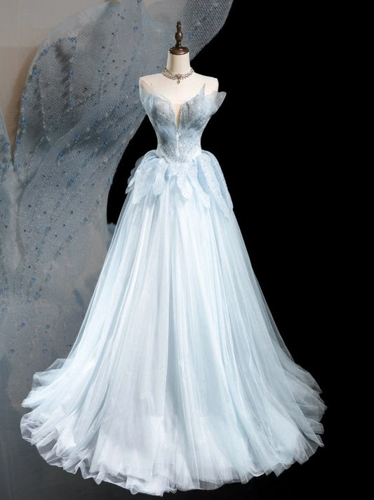 Hellblau elegante süße exquisite perlen lange tüll ballkleid abendkleid Graduation kleid erwachsene kleid nv3778
