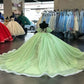 Green shiny applique elegant short sleeve long tulle ball gown evening dress Quinceanera dress nv3273