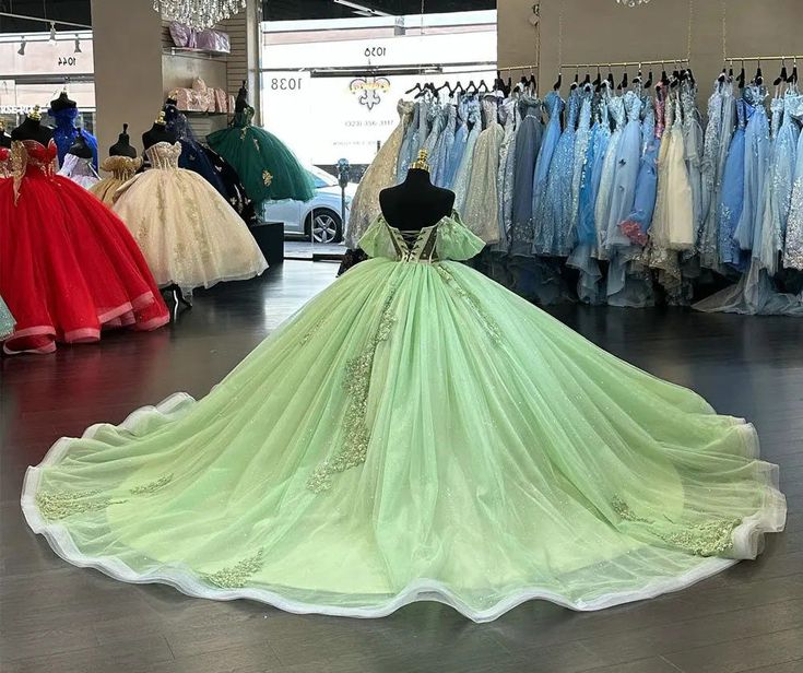 Green shiny applique elegant short sleeve long tulle ball gown evening dress Quinceanera dress nv3273