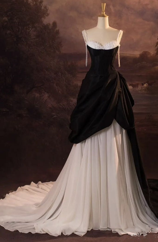 Schwarz-weißes A-Linien-Ballkleid-Abendkleid nv1907
