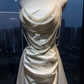 Strapless White Satin Mermaid Wedding Gown Draped Pearl Chains Ruched Skirt Long Train Formal Evening Dress  NV6981