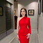 Red simple and elegant one shoulder off shoulder long sleeve mid-length ball gown evening dress party dress nv2498