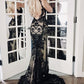 Sexy Brautkleid im Gothic-Stil mit Spaghettiträgern und Spitze | Schwarzes Tüll-Maxikleid mit Meerjungfrauen-Schleppe in Nude für Gala-Partys, Red Carpet und Retro-Events (NV6264)