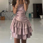 Robe de soirée courte en satin rose à épaules dénudées, robe d'anniversaire, robe de soirée nv2402