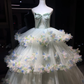 Mint Green Strapless Tulle Ball Gown, Corset Dress with Big Bow & 3D Butterfly Petal Appliques  NV7087