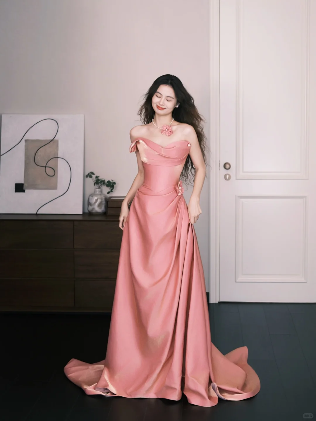Strapless Cowl Neck Dusty Pink Satin Evening Dress with 3D Flower  NV7358