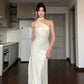 White solid color halter neck ribbon off-shoulder simple long satin ball gown evening dress party dress nv2615