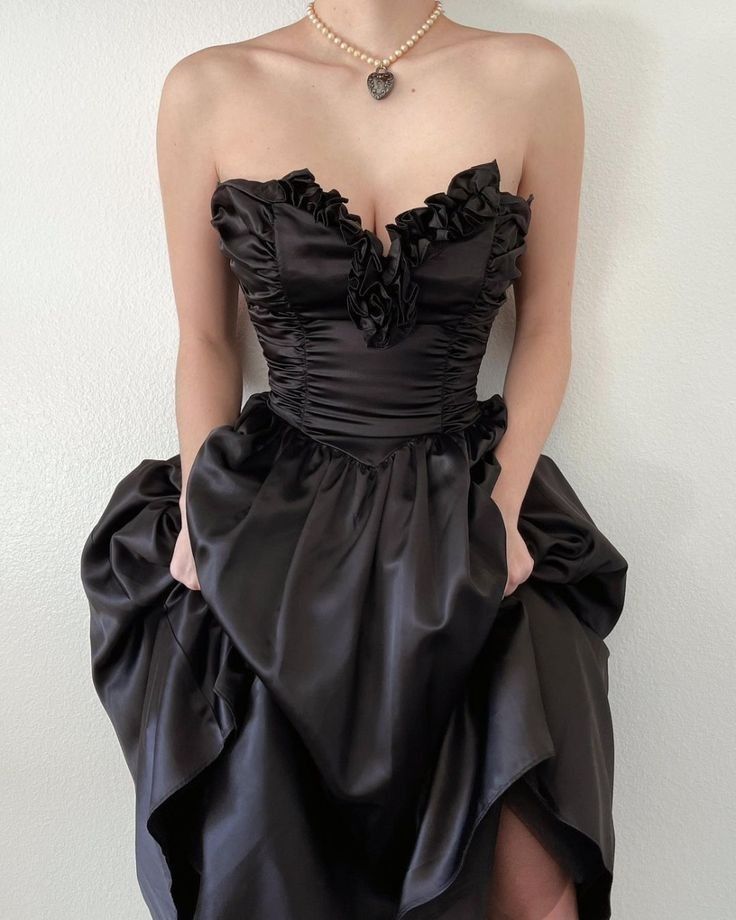 Black strapless ruffled neckline long satin ball gown evening dress nv2890