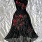 Black vintage fashion exquisite red floral beaded spaghetti straps long chiffon ball gown evening dress party dress nv3588