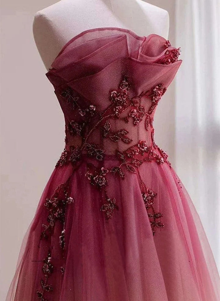 Red Beaded Gradient Tulle Long Party Dress A-Line Elegant  Prom Dress nv1708