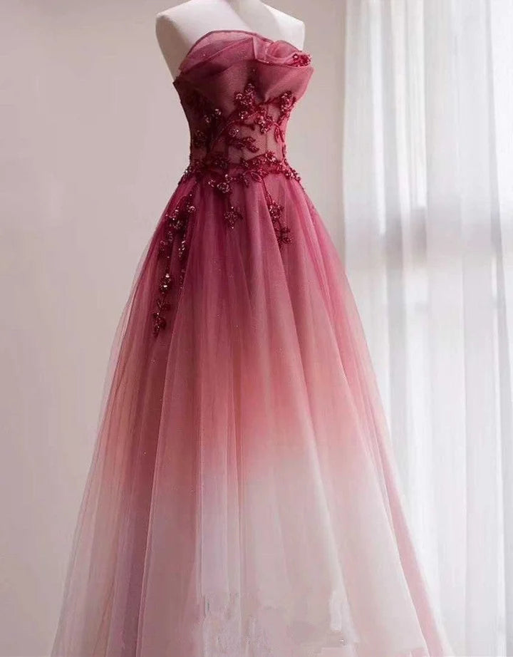 Red Beaded Gradient Tulle Long Party Dress A-Line Elegant  Prom Dress nv1708