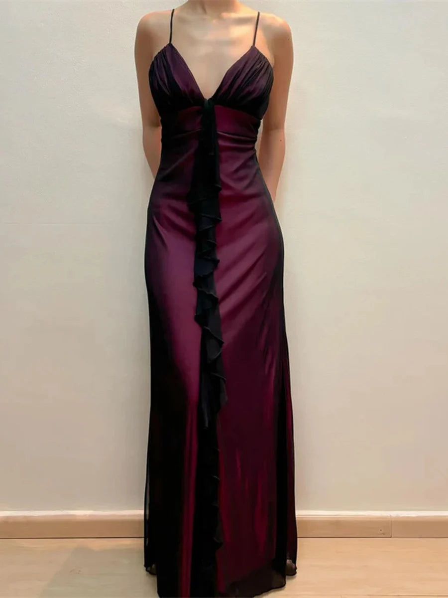 Robe de soirée longue en tulle violet vintage à col en V et coupe trapèze, nv3438