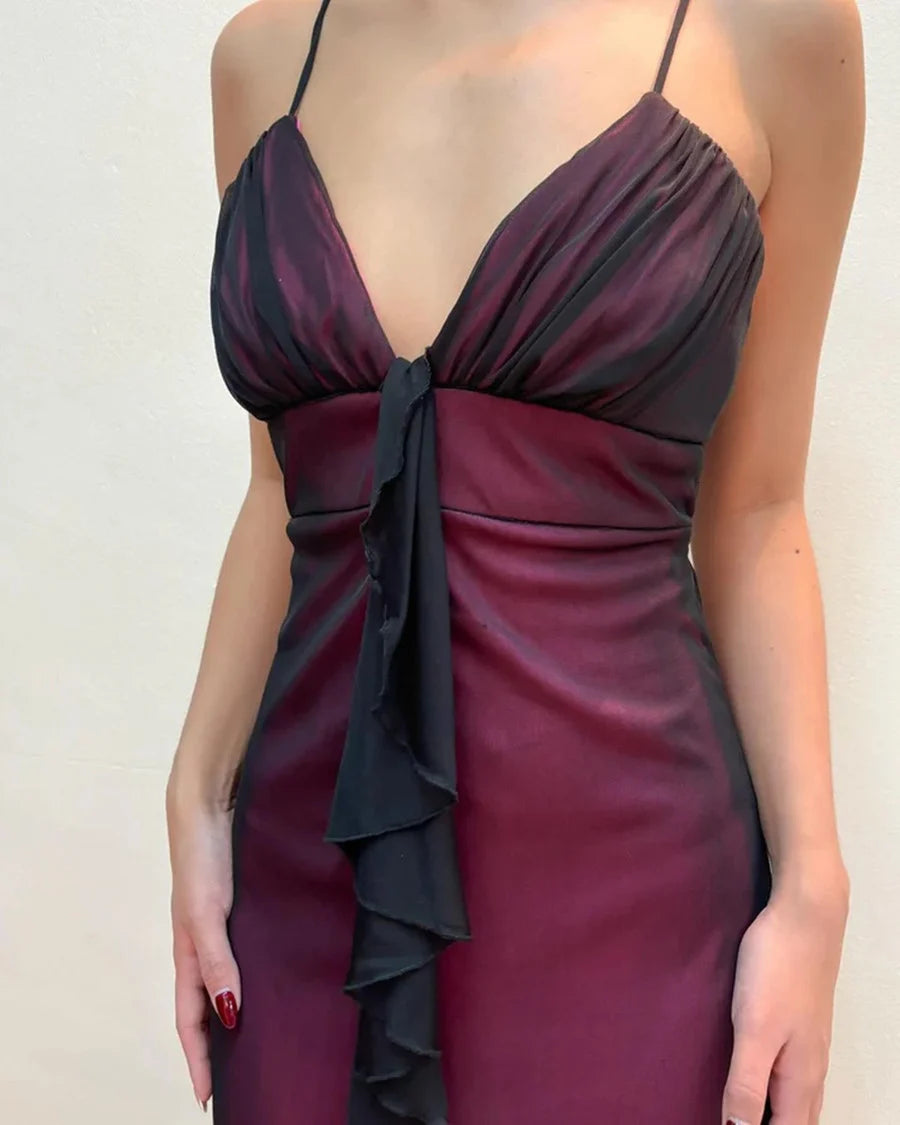 Robe de soirée longue en tulle violet vintage à col en V et coupe trapèze, nv3438