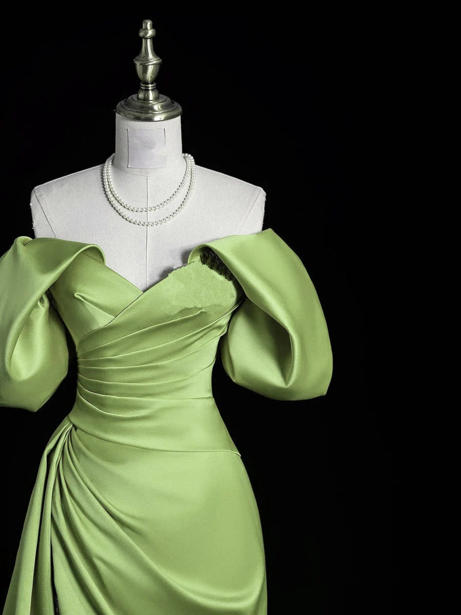 Green satin off-the-shoulder long slit gown ball gown evening dress nv4285