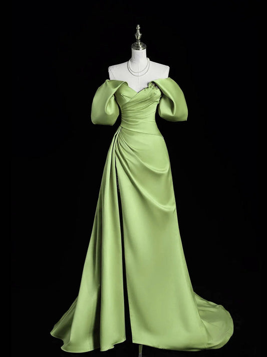 Green satin off-the-shoulder long slit gown ball gown evening dress nv4285