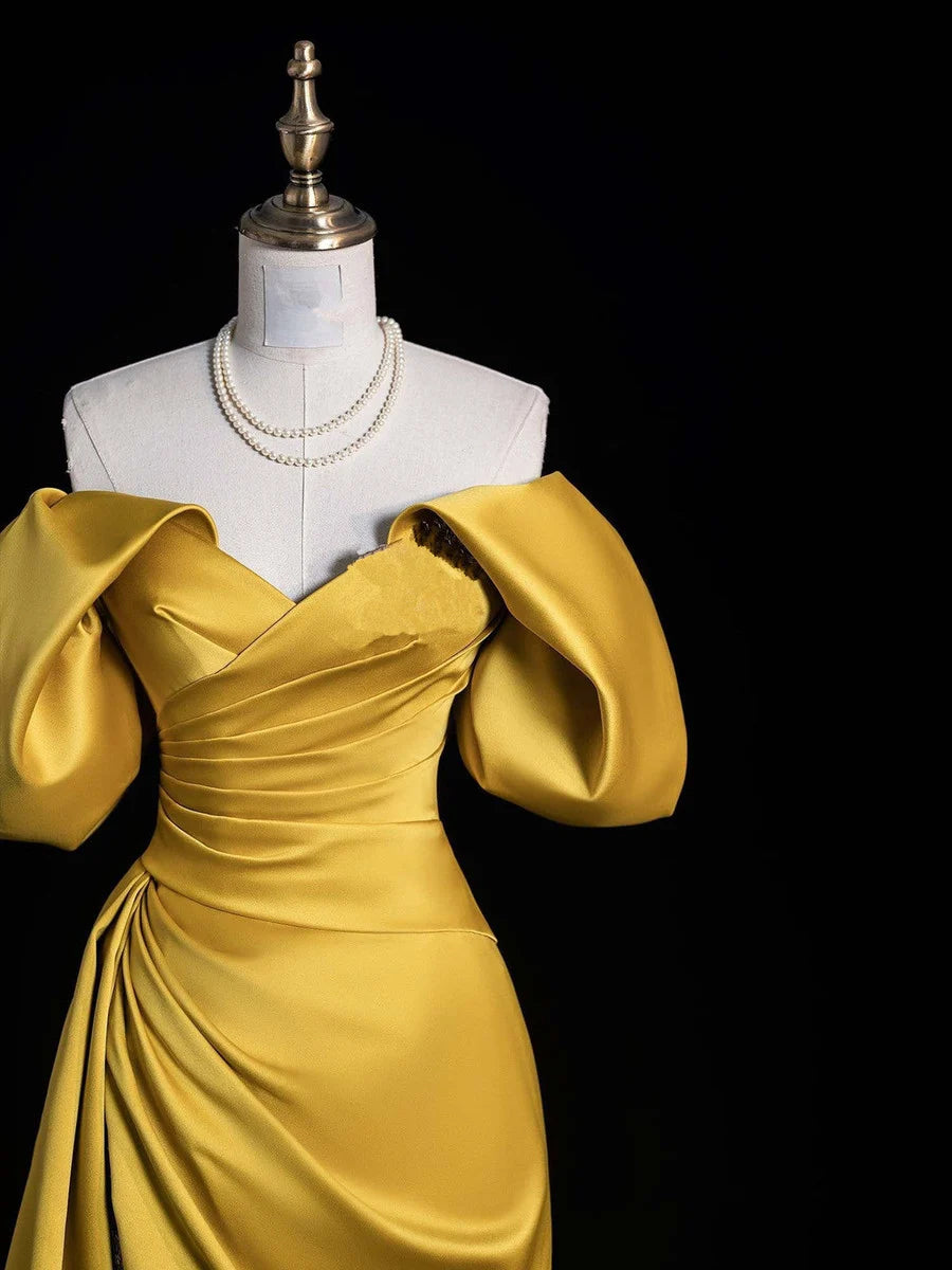 Gold Satin Off Shoulder A-Linie Ballkleid Partykleid Abendkleid nv4277